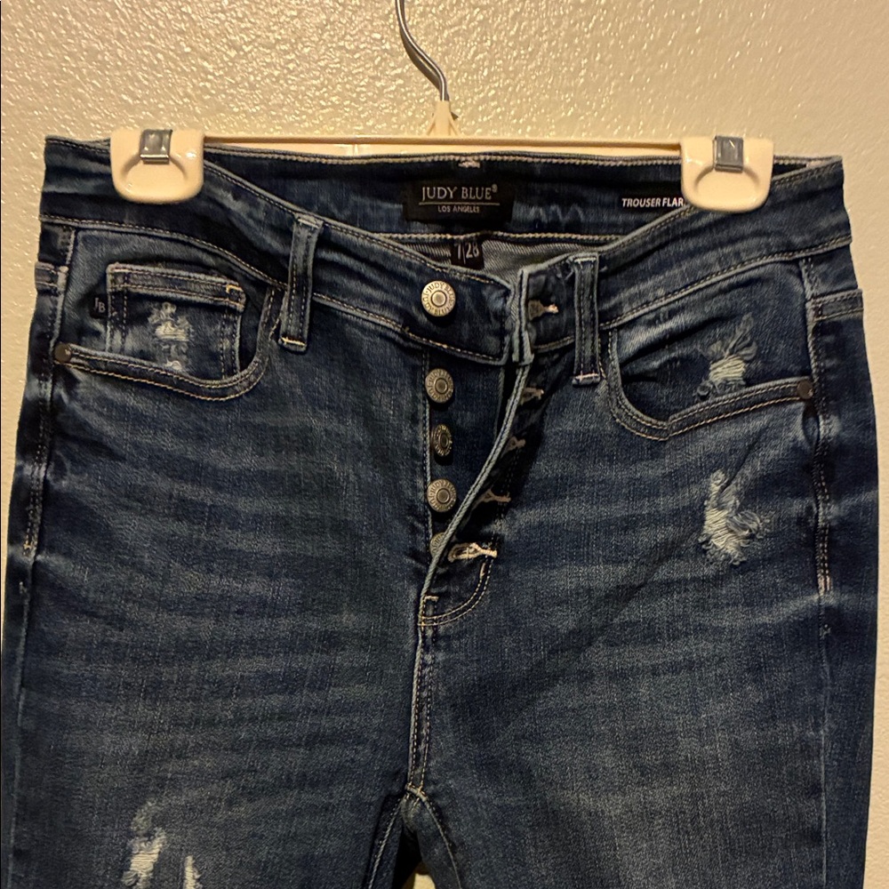 Judy Blue Women's Dark Wash Distressed Flare Jeans Button fly!